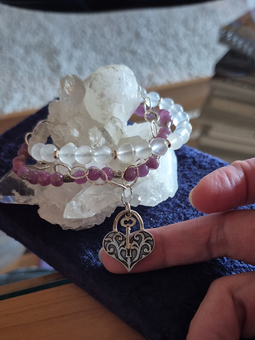 Sterling Luminous Moonstone & Pink Ruby Multi-Layer Bracelet 7.5 Inches NWt